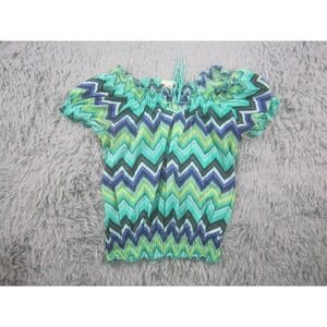 Self Esteem Womens Blouse MD Blue Chevron Print Peasant‎ Top Boho Elastic Waist